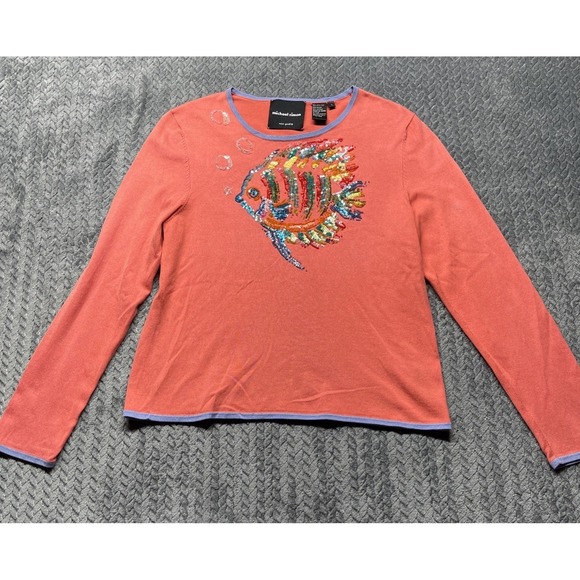 Michael Simon New York Sweater Large Spun Silk Coral Tropical Fish Sequin‎ Bead - Picture 3 of 9